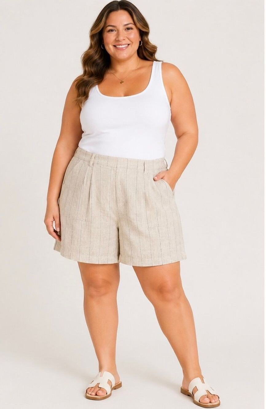 Worthington Linen Blend Ivory/Cream with Black Stripe Shorts - 18W
